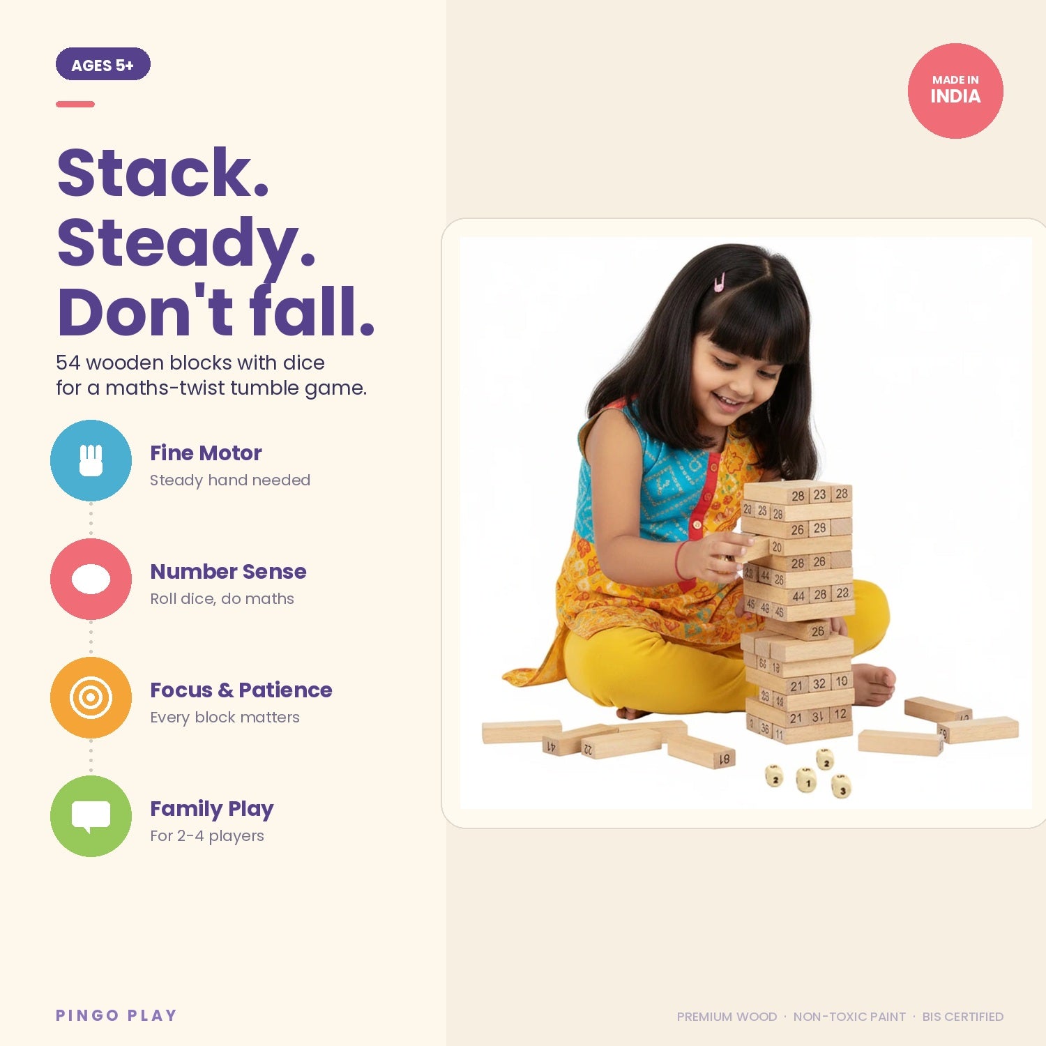 Number Tumbling Tower Game | 54 Blocks with 4 Dice