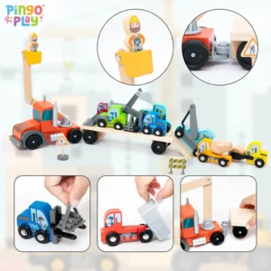 Premium Construction Site Wooden Vehicles Carrier Set