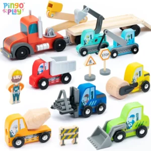 Premium Construction Site Wooden Vehicles Carrier Set (14 pieces)