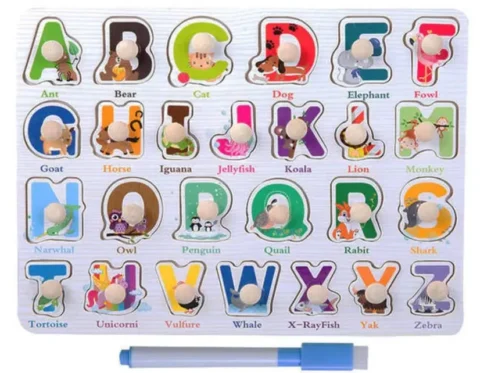 Wooden Learning Knob Alphabet Puzzle with White Board