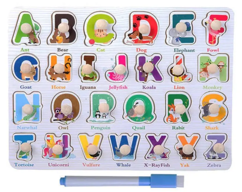 Wooden Learning Knob Alphabet Puzzle with White Board