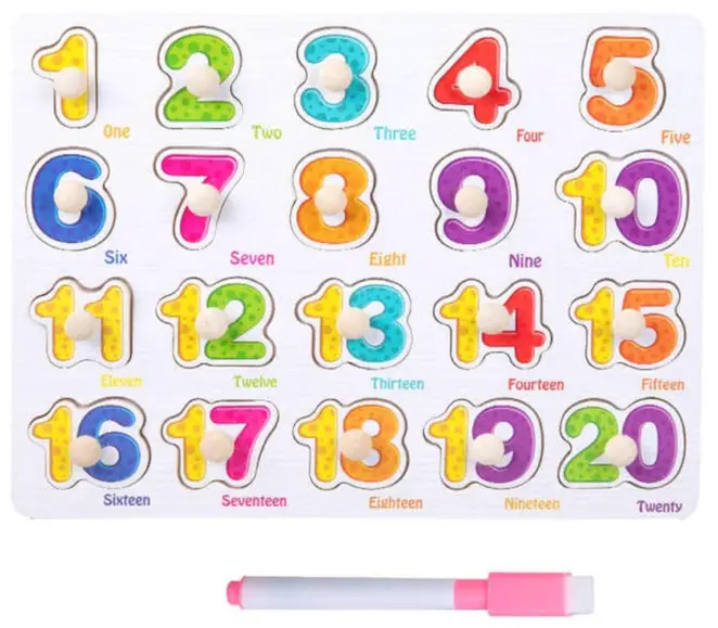 Wooden Learning Knob Numbers Puzzle with White Board
