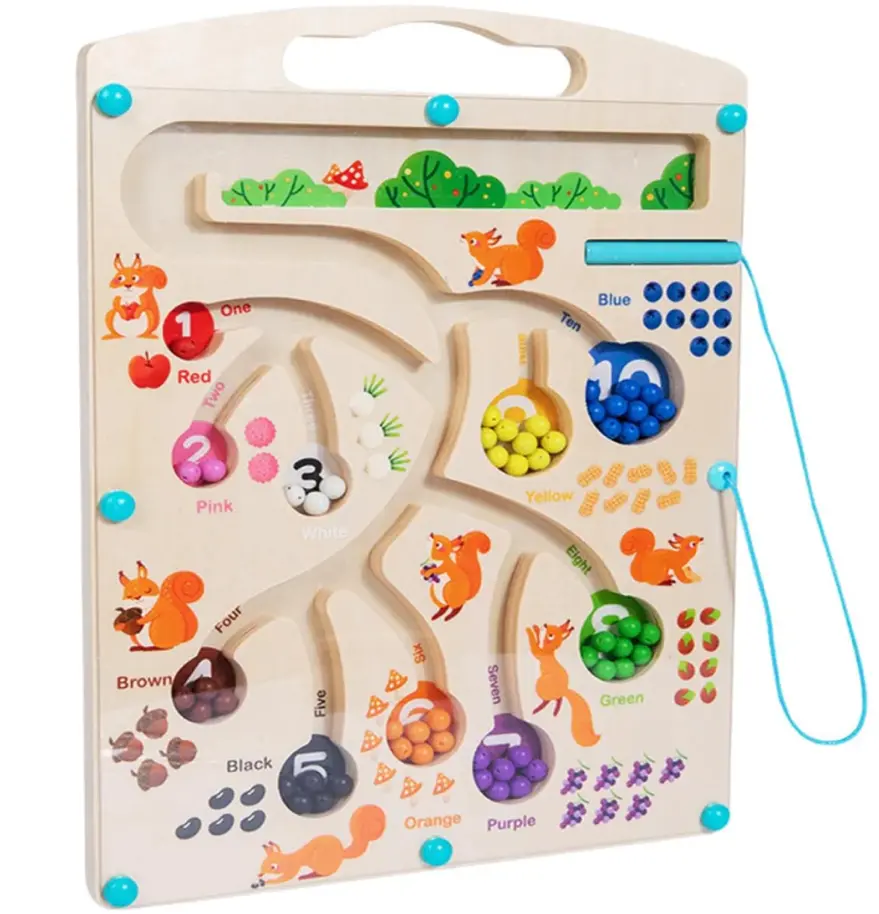 Wooden Educational Magnetic Squirrel Feeding Game, Colours & Numbers Learning Toy
