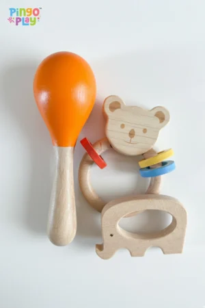 Premium Wooden Rattle, Maracas & Teether Combo | Montessori-Inspired Wooden Toys for Infants (0–2 Years)